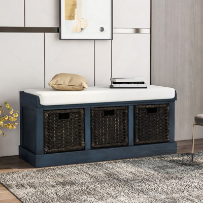 Banc de rangement rustique avec 3 paniers en rotin classiques amovibles, banc d'entrée avec coussin amovible