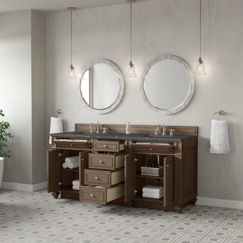 Meuble-lavabo double l 72 po Bristol, Noyer blanchi, Bleu parisien, 8 po