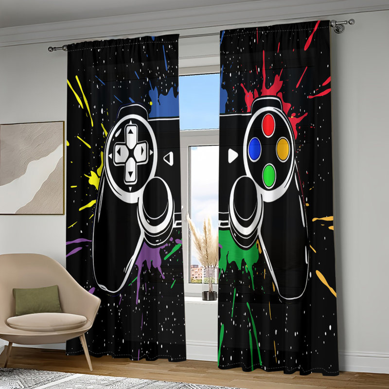 2Pcs Gaming Controller Window Curtains Gamer Video Game Console Joystick Pattern Rod Pocket Drapes Colorful Paint Splash Design For Bedroom Living Room Home Decor