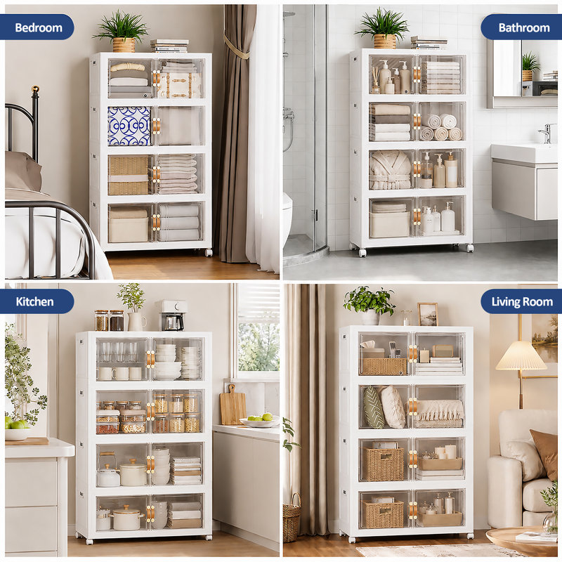 Bacs de rangement en plastique pliables robustes de 30 po de largeur de 674 pte avec portes et roues transparentes, boîte de rangement à 4 niveaux pour garde-robe roulante - Blanc
