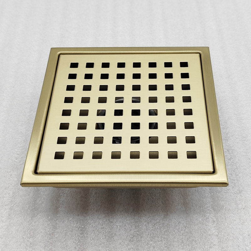 Oceanic 6”x6"x7/8" Shower Drain, Marine-grade 316 Stainless Steel, Grid Cover  With Hair Strainer, Brushed Gold