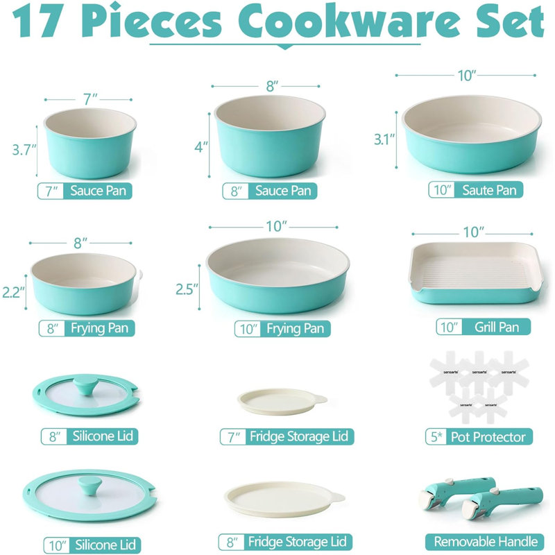 SENSARTE Nonstick Ceramic 17 Piece Pots And Pans Set With Removable Handle, Include Griddle, Dishwasher ＆ Oven Safe, PTFE/PTAS/PFOA Free