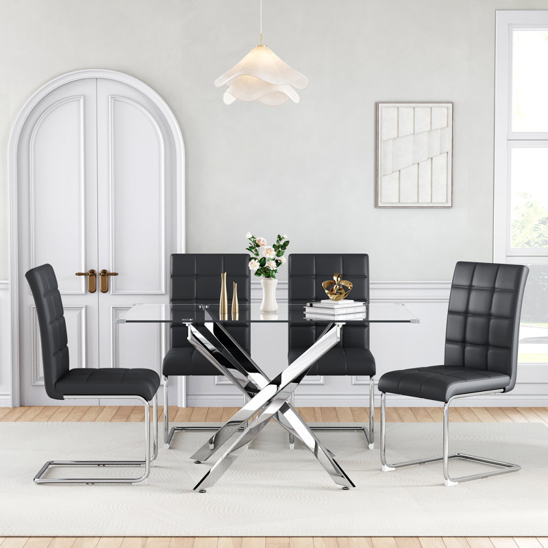 50" Rectangular Glass Dining Table Set, Modern Stainless Steel Cross Legs with High Back Cantilever Chair, Silver