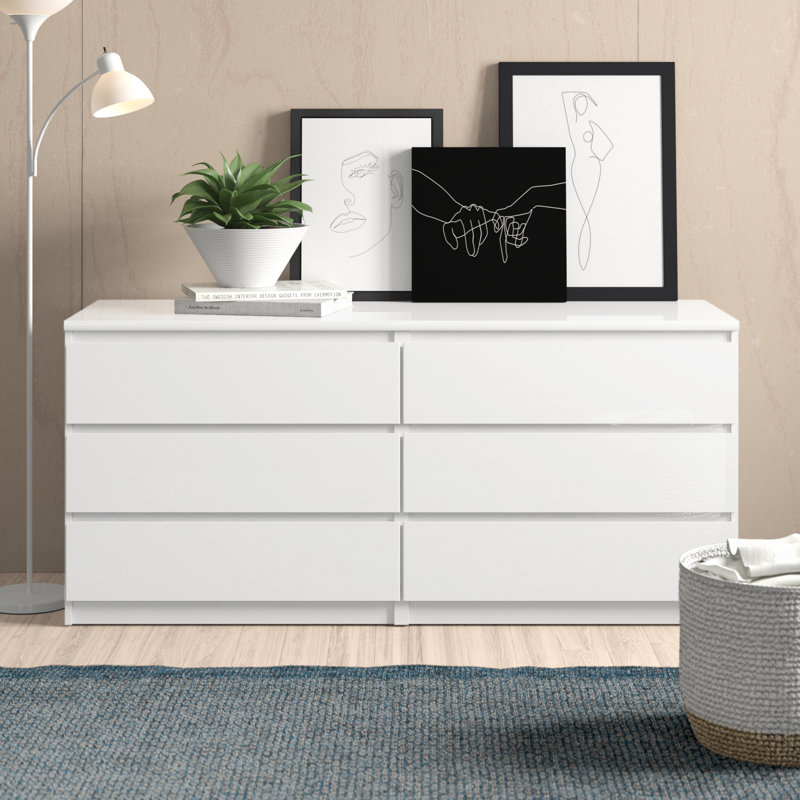 Commode double à 6 tiroirs l 60,5 po Jada, Blanc ultrabrillant