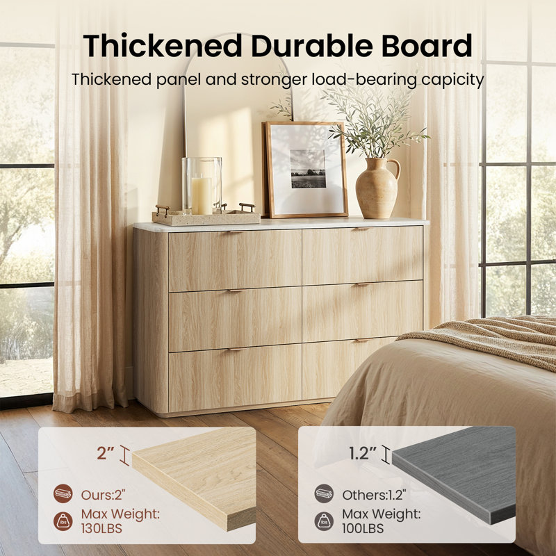 Corentin 53.9" Wide Dresser 6 Drawers With Storage Modern Faux Travertine Wood Chest For Bedroom, Beige/Natural Oak