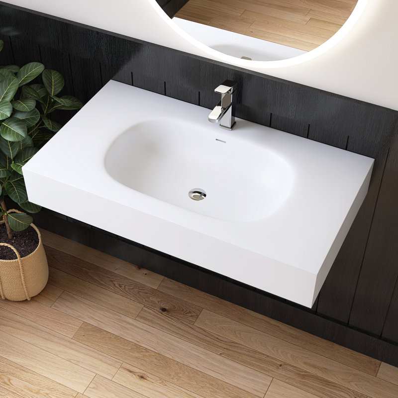 Lavabo vasque de salle de bain simple à surface solide 39 po x 22 po, lavabo mural, comptoir en résine de pierre avec bol simple en blanc mat