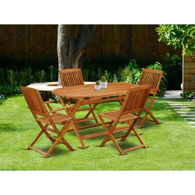 Ensemble repas 5 pièces pour patio comprenant une table ovale d'extérieur en bois d'acacia et 2 fauteuils pliables avec 2 chaises d'appoint, 36 po x 60 po, huile naturelle