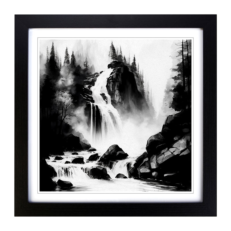 Waterfall Ink Wash - Single Picture Frame Print on Wood, Black