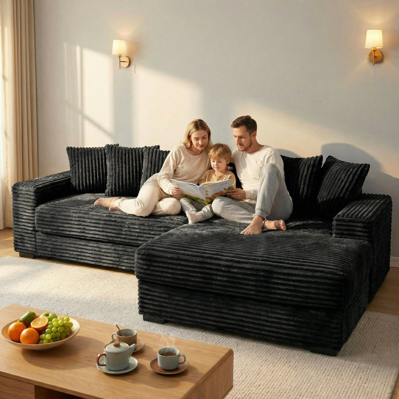 2 - Piece Corduroy Sectional Sofa Reversible Sleeper Couch with Chaise, Black Corduroy