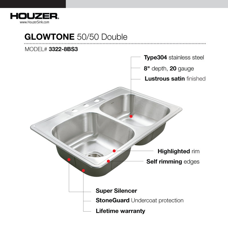 Évier de cuisine à double cuve de jauge 20 33 po x l 22 po Glowtone, 3 trous