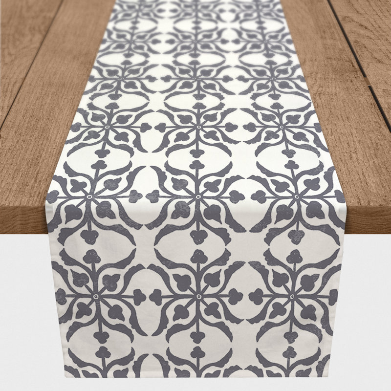 Aleksis Rectangle Damask Polyester Table Runner, 90" x 16", Dark Gray
