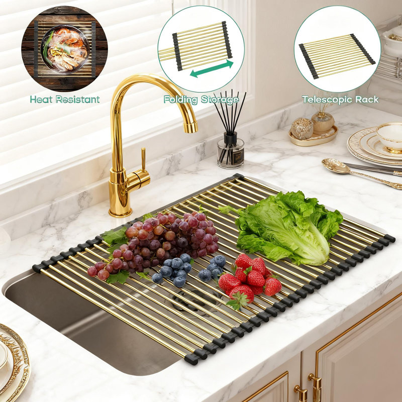 Égouttoir à vaisselle enroulable, résistant à la chaleur, pliable au-dessus de l'évier, avec revêtement en silicone antidérapant pour un évier de cuisine peu encombrant