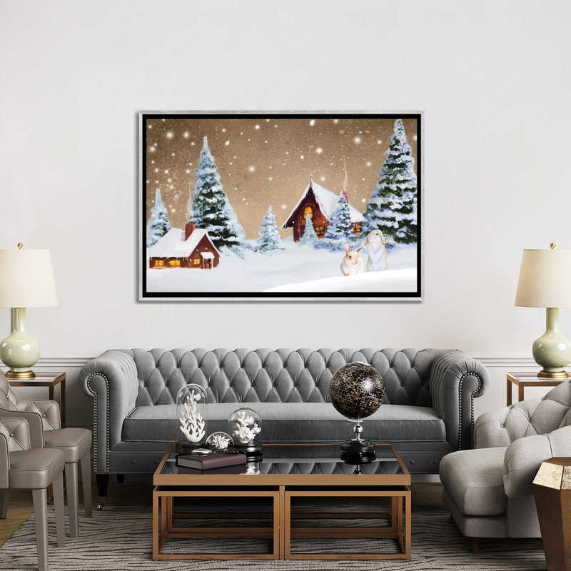 « Christmas village » par Janice Gaynor-impression, Toile avec cadre argenté, Pas de tapis, H 40 po x l 60 po x 1,5 po