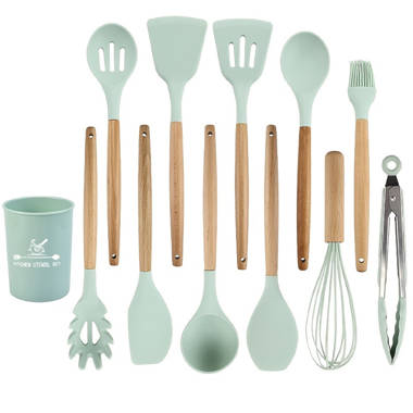 Kitchen Silicone Cooking Utensil 13-Piece Set with Stand, Wood Handles -  Pure Parker
