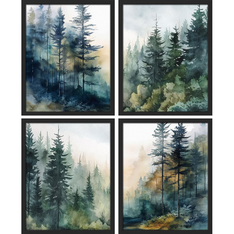 " Green And Teal Watercolor Forest Pine Trees " 4 - Pieces, 10" H x 8" W, Black