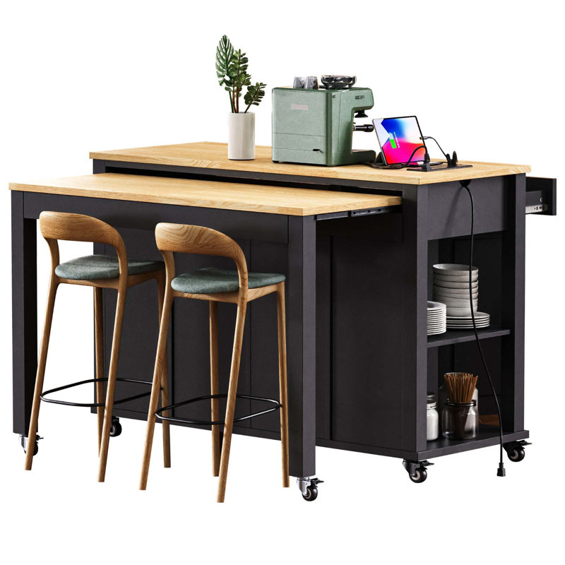 Versatile Kitchen Island With Extendable Dining Table, Internal Storage Racks, Built-In Power Outlets, Adjustable Shelves, And Dual Mobility Options.