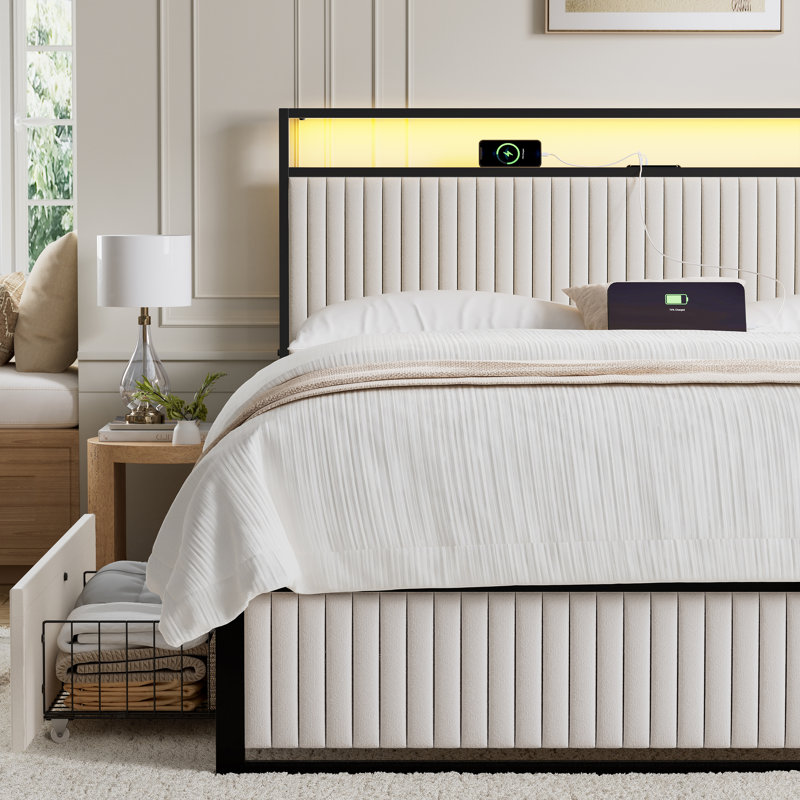 Antioch Upholstered Bed Frame with 2 Storage Drawers, Modern Platform Bed with Charging Station & LED Light, No Spring Box Needed