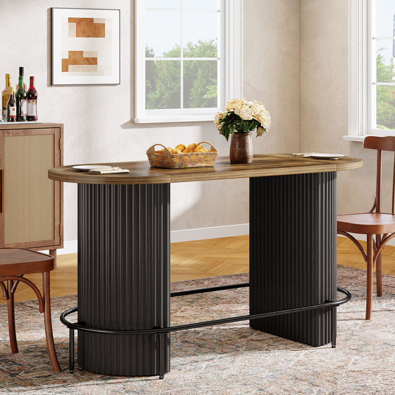 59 po Table de bar moderne à hauteur de comptoir avec repose-pieds en métal, unité de bar ovale pour cuisine, salon et salle à manger, noir