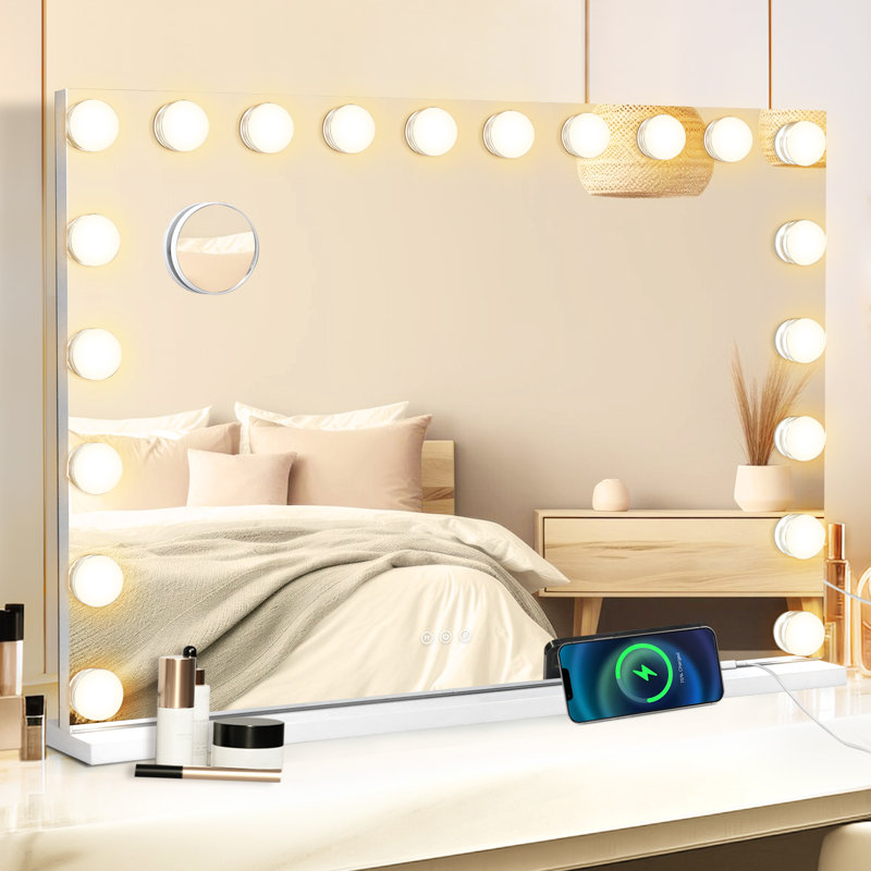 60x90cm LED Makeup Mirror with 20 Bulbs, Large Mirror with 3 Color Lights and Charging