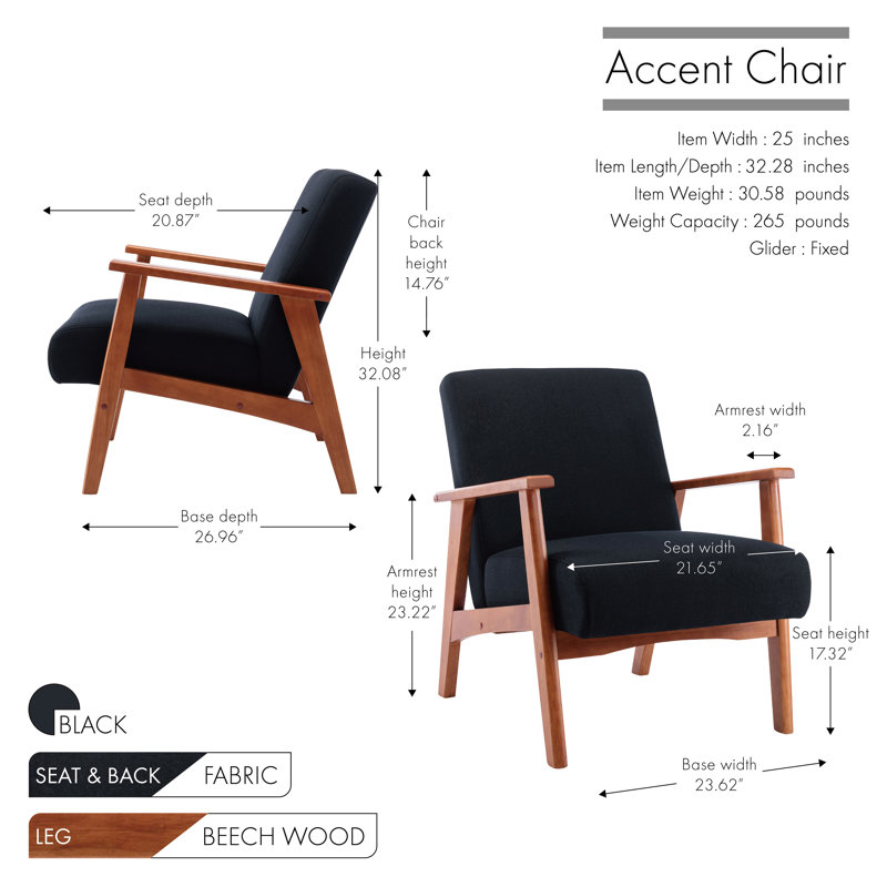Fauteuil d'appoint recouvert de tissu avec pieds en bois de hêtre Gilene, Mélange de polyester noir