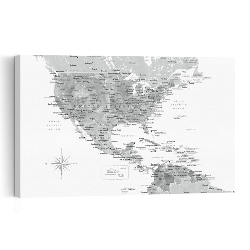 North America Caribbean Map Contemporary City Wall Art Print 1 Piece Wrapped Canvas Wall Art, 45.72cm H x 30.48cm W