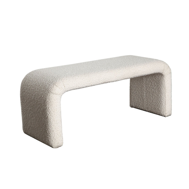 Ivory Boucle Fabric Upholstered Bench with Sturdy Wood Frame