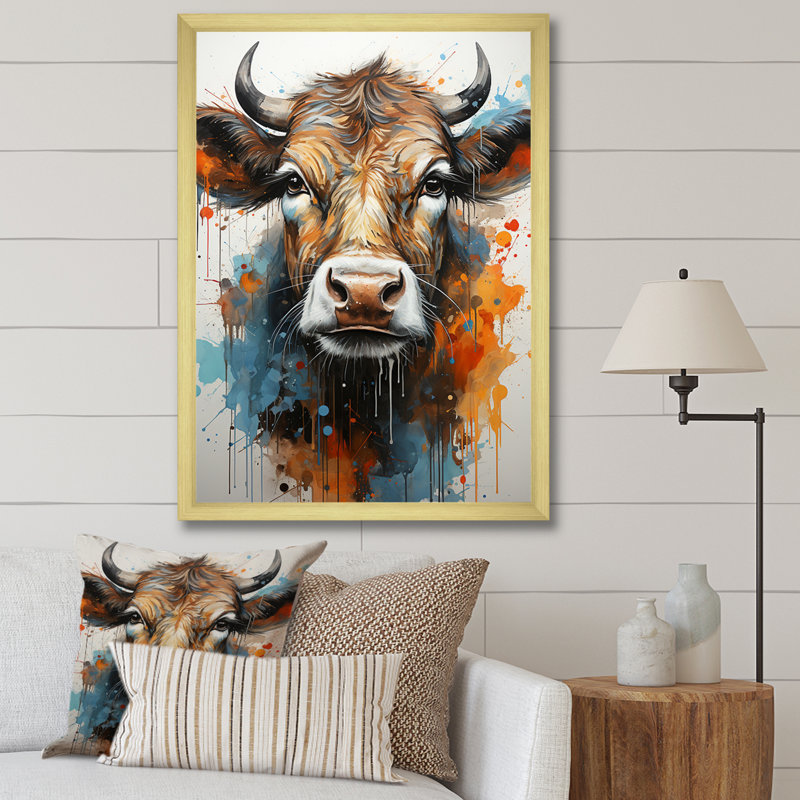 Popart Urban Cow - vache, art mural, Cadre doré simple, H 20 po x l 12 po x P 1 po