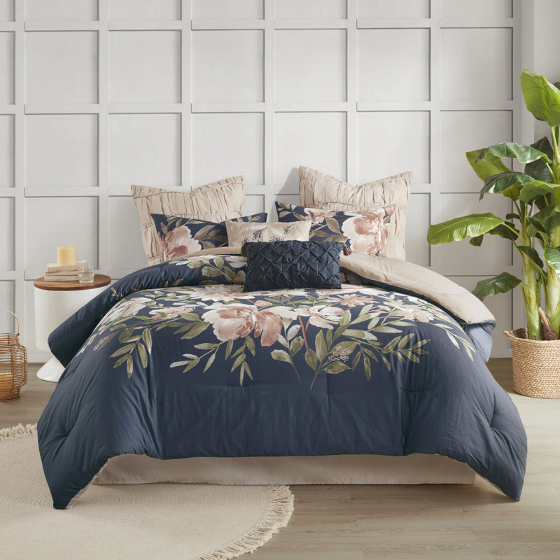 Édredon bleu marine 8 pièces - Imprimé en coton avec coussins lavables à la machine, Édredon grand + 7 pièces supplémentaires