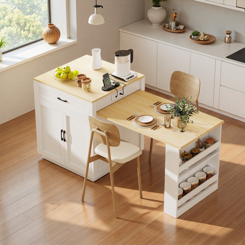Kitchen Island with Extendable Dining Table, Rolling Kitchen Cart with Storage Drawers & Cabinet, Built-In Power Outlet, Faux Marble Top, 2–6 Person Space-Saving Kitchen Island