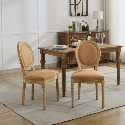 Chaise de salle à manger avec cadre en bois massif de style français et toile de lin antique, ensemble de 2