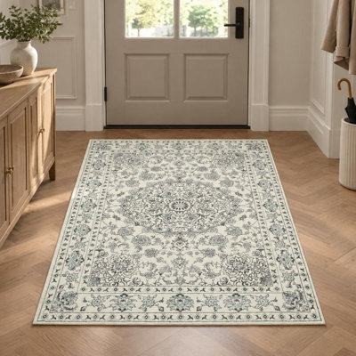 Tapis d'intérieur et d'extérieur à motif médaillon vieilli, lavable à la machine, antidérapant, style bohème floral, à poils courts, idéal pour le salon, la chambre et la salle à manger.