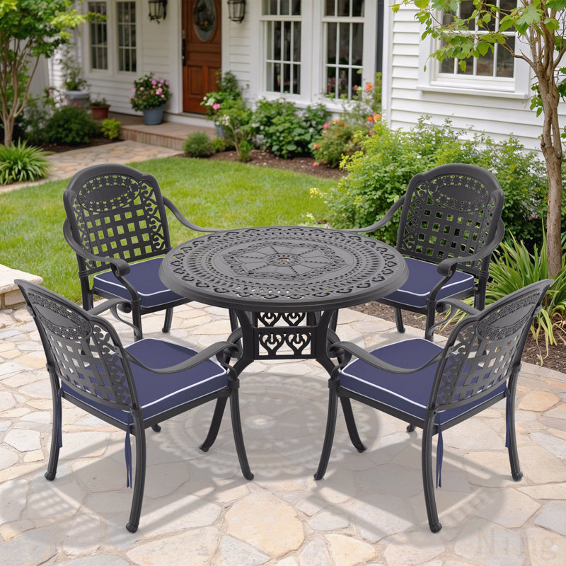 Ensemble de meubles de patio en aluminium coulé avec cadre noir et coussins de siège bleus, 4