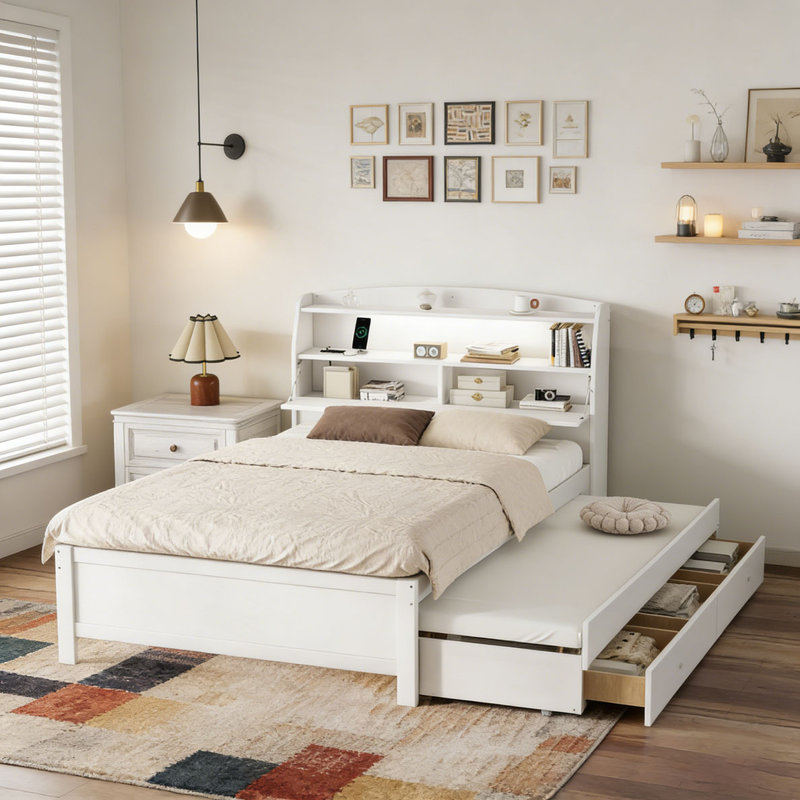 Lit plateforme en bois avec lit gigogne et tête de lit à DEL avec tiroirs, Lit double, Blanc