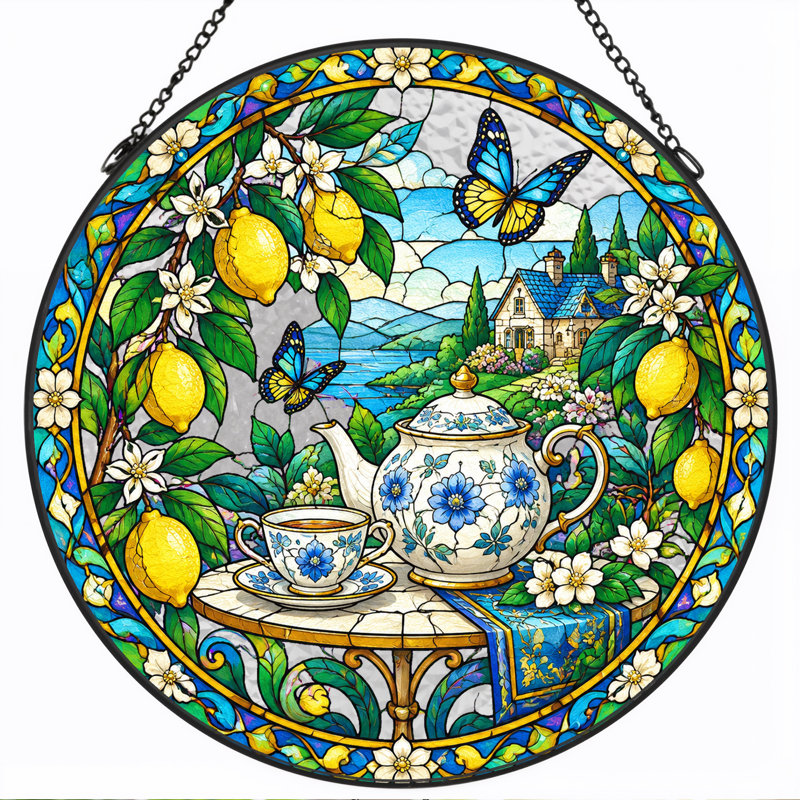 Théière florale bleue en vitrail avec branches de citron et art mural sur toile, H 7,8 po