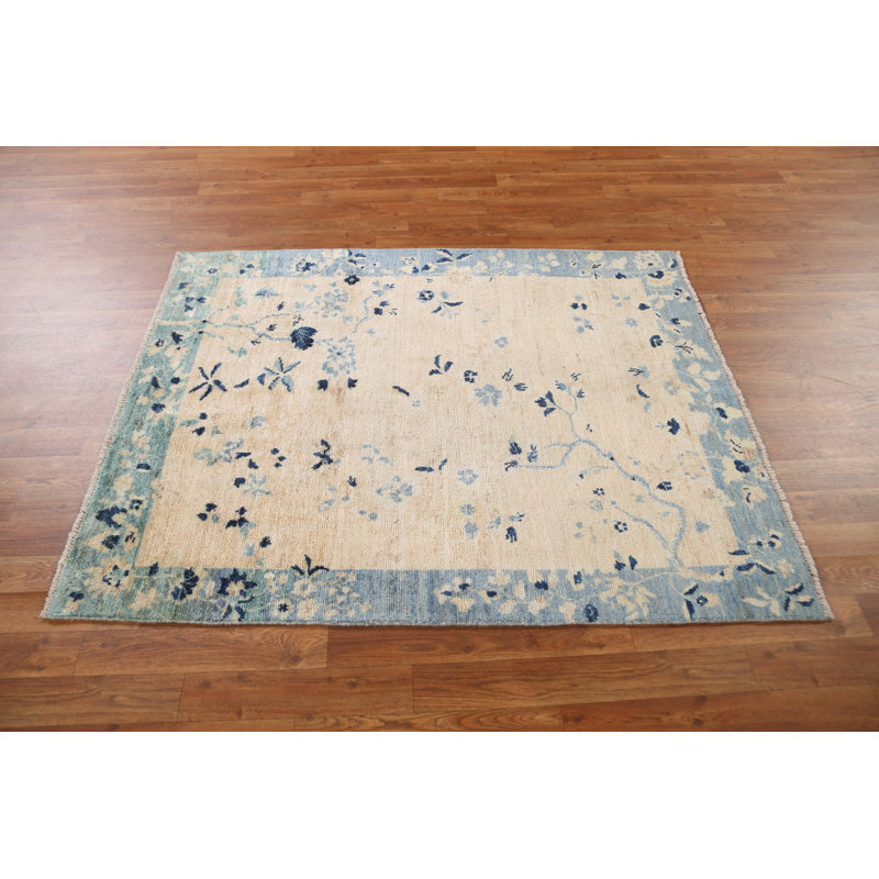 Tapis beige en laine noué à la main de conception unique 3 pi 9 po x 4 pi 9 po New Age