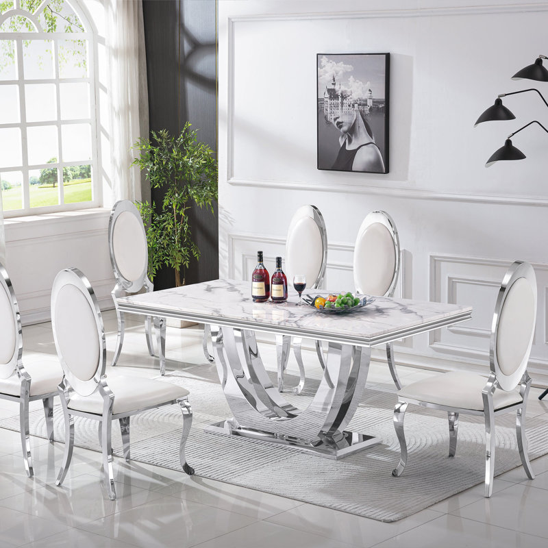 Table de salle à manger Burdell Dt302, Argent argent, Blanc / Blanc