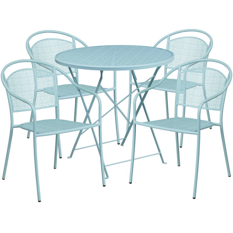 Chanea 30'' Round Indoor-Outdoor Steel Folding Patio Table Set with 4 Round Back Chairs, Sky Blue