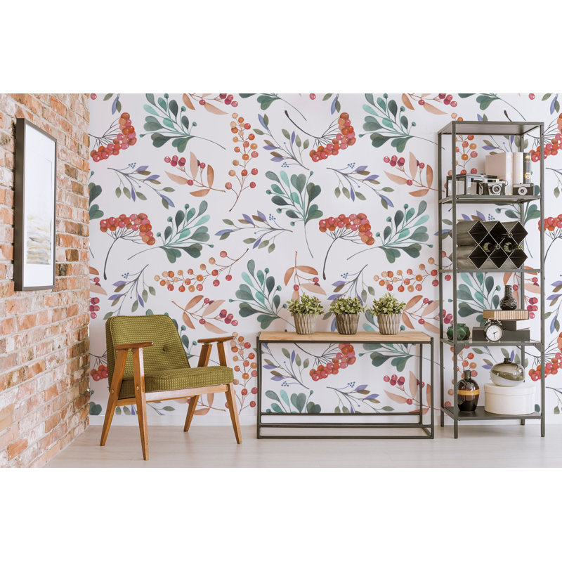 Papier peint amovible floral avec feuilles vertes et brindilles, L 35,04 po x l 55 po
