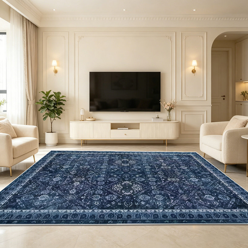 1PC vintage distressed bohemian navy blue geometric floral area rugs for Living Room, Soft and Comfortable, Suitable for all seasons, easy-to-maintain, machine washable Indoor floor mat, Under Table Farmhouse suitable for dining room, bedroom,