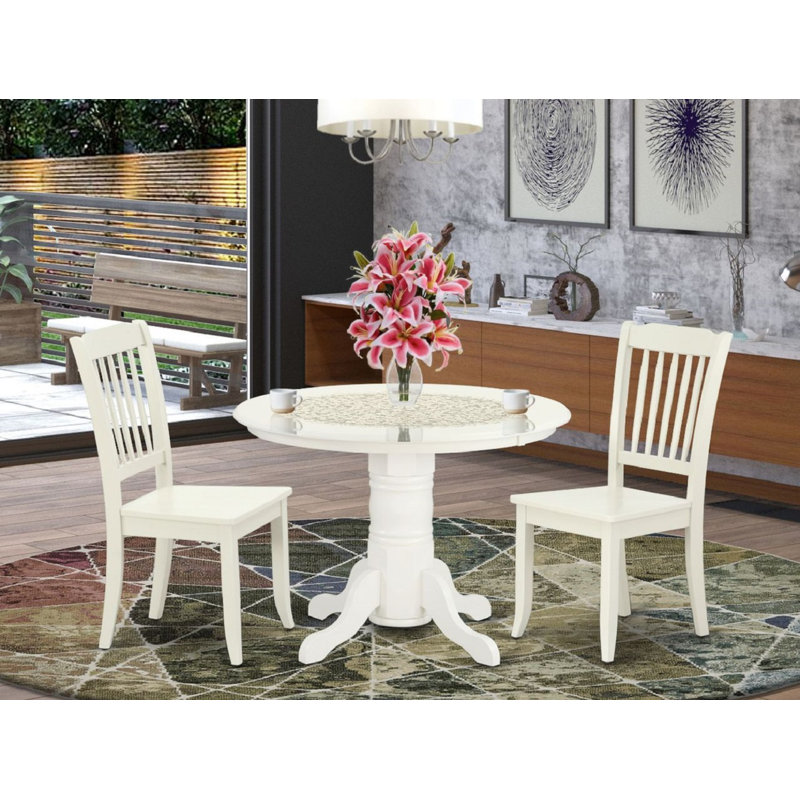 Ensemble de table de cuisine 3 pièces pour petits espaces comprenant une table ronde avec piédestal et 2 chaises de salle à manger, lin blanc