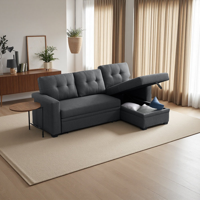 Upholstered Pull Out Sectional Sofa With Chaise, Dark Gray Linen