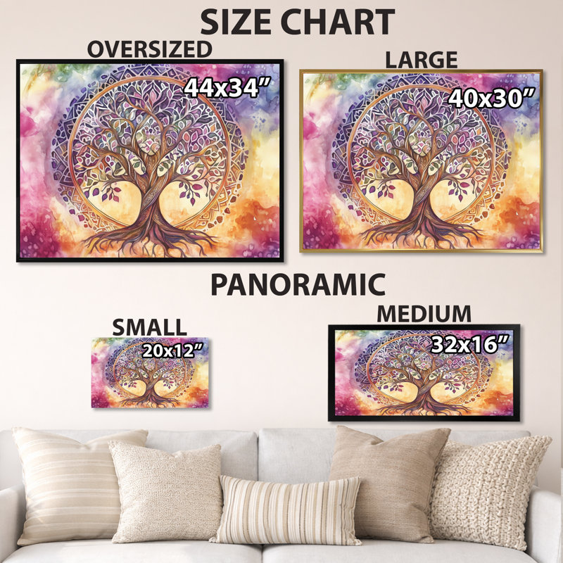 Mandala Arbre de Vie Violet et Jaune I - Tableau encadré, H 34 po x l 44 po, Cadre photo noir