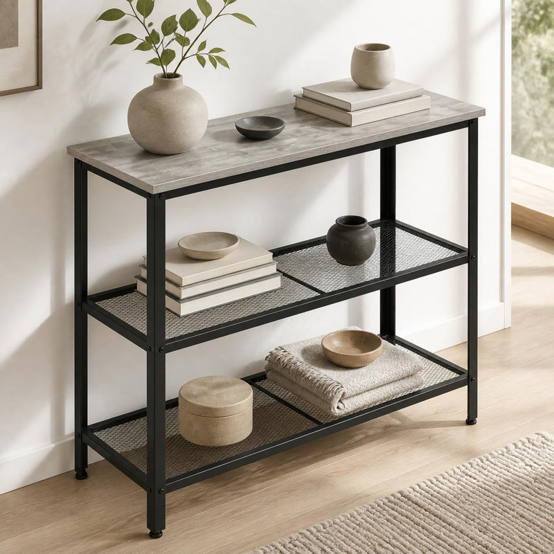 Console d'entrée à 3 niveaux gris pâle avec structure en fer et étagères en bois - Table d'appoint étroite pour couloir, salon, hall d'entrée ou appartement - Table de rangement moderne pour bureau à domicile