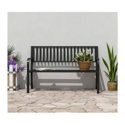 Banc de jardin noir en acier noir avec siège à lattes et accoudoirs courbés