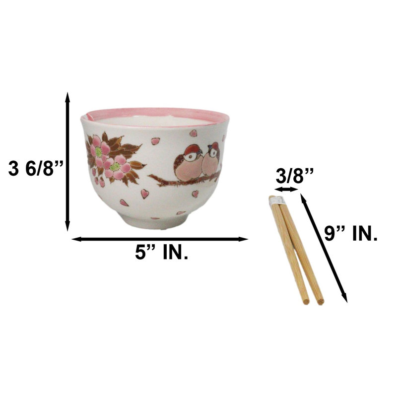 Twin Sparrows Cherry Blossom Ceramic Donburi Ramen Bowl With Chopsticks Set