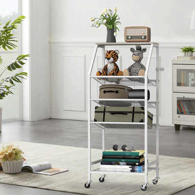 5-Tier Rolling Bathroom Storage Cart With Grey Oak Wood Top, White Metal Frame & Mesh Shelves For Bathroom, Living Room & Kitchen