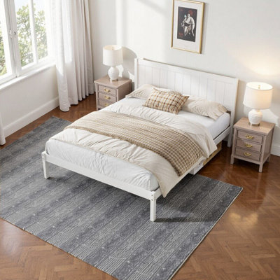 Elegant King Size Platform Bed with Headboard - White Pine Wood, No Box Spring Needed