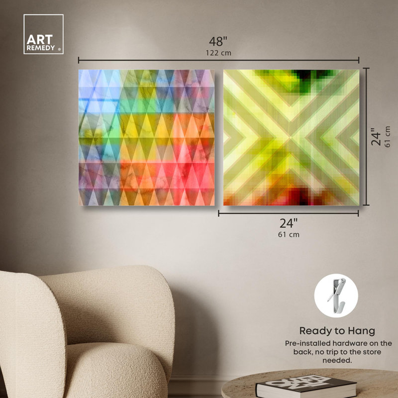 Ensemble de décorations murales à motif acrylique duo à géométrie dynamique par Art Remedy, prêt à accrocher, 24 x 24
