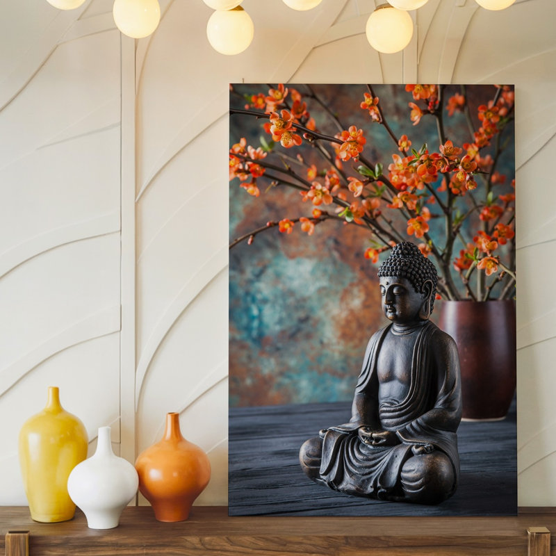 Toile, statue de Bouddha sereine posée dans une pose méditative sur un art mural, une table texturée en bois foncé entourée de branches délicates