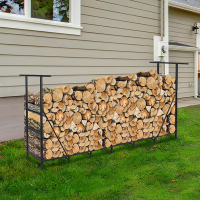 Support à bois de chauffage de 8 pi avec sac de transport imperméable, support à bûches en acier robuste réglable, support de rangement extérieur en bois pour foyer, foyer, cour et camping